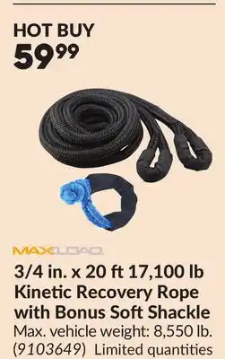Princess Auto 3/4 in. x 20 ft17,100 lb Kinetic Recovery Rope with Bonus Soft Shackle offer