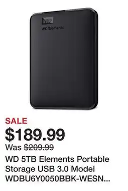Newegg WD 5TB Elements Portable Storage USB 3.0 Model WDBU6Y0050BBK-WESN Black offer