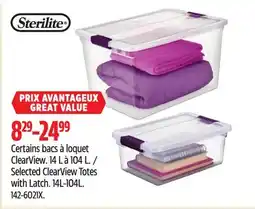 Canadian Tire Selected Sterilite ClearView Totes with Latch offer
