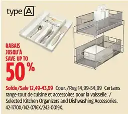 Canadian Tire TYPE A Selected Kitchen Organizers and Dishwashing Accessories offer