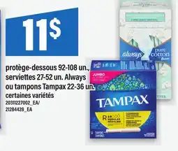 Maxi PROTÈGE-DESSOUS, 92-108 UN., SERVIETTES, 27-52 UN. ALWAYS OU TAMPONS TAMPAX, 22-36 UN offer
