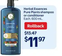 Walmart Herbal Essences Pure Plants shampoo or conditioner offer