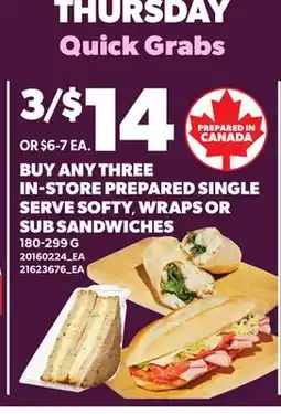 Loblaws BUY ANY THREE IN-STORE PREPARED SINGLE SERVE SOFTY, WRAPS OR SUB SANDWICHES offer