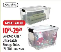 Canadian Tire Sterilite Selected Clear Ultra-Latch Storage Totes 17L-110L offer