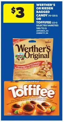 Real Canadian Superstore WERTHER'S OR RIESEN BAGGED CANDY, 70-135 G OR TOFFIFEE, 123 G, 100/112 G offer