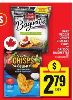 Food Basics DARE VEGGIE CRISPS CRACKER CHIPS OR GRISSOL BAGUETTES offer