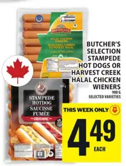 Food Basics BUTCHER'S SELECTION STAMPEDE HOT DOGS OR HARVEST CREEK HALAL CHICKEN WIENERS offer