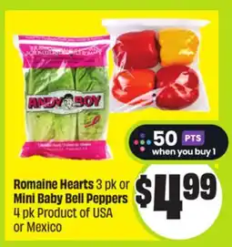 FreshCo Romaine Hearts 3 pk or Mini Baby Bell Peppers 4 pk Product of USA or Mexico offer