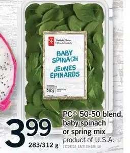 Fortinos PC 50-50 blend, baby spinach or spring mix, 283/312 g offer