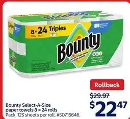 Walmart Bounty Select-A-Size Paper Towel 8=24 rolls offer