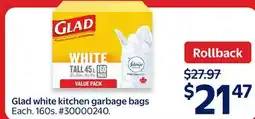 Walmart Glad white kitchen garbage bags offer