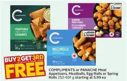 Sobeys COMPLIMENTS or PANACHE Meat Appetizers, Meatballs, Egg Rolls or Spring Rolls offer