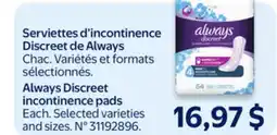 Walmart Always Discreet incontinence pads offer