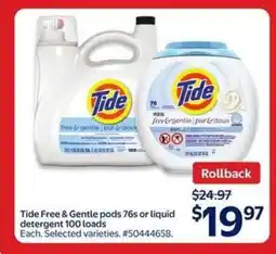 Walmart Tide Free & Gentle Pods 76s or Liquid Detergent 100 Loads offer