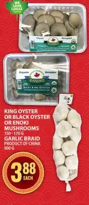 Food Basics KING OYSTER OR BLACK OYSTER OR ENOKI MUSHROOMS 150 - 170 G GARLIC BRAID PRODUCT OF CHINA 500 G offer