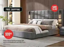The Brick Ethan Velvet Platform Bed with Grid Headboard and USB Ports,Queen Size - Grey offer