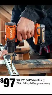 Home Depot 18V 1/2 DRILL/DRIVER KIT (1) 2.0AH BATTERY & CHARGER offer
