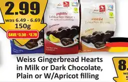 Starsky Gingerbread Hearts in Milk or Dark Chocolate, Plain or W/Apricot filling offer
