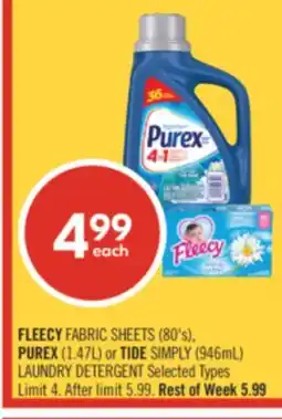 Shoppers Drug Mart FLEECY FABRIC SHEETS (80's), PUREX (1.47L) or TIDE SIMPLY (946mL) LAUNDRY DETERGENT offer