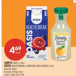 Shoppers Drug Mart SIMPLY JUICE (1.54L), OASIS HEALTH BREAK or SMOOTHIE JUICE BLENDS (1.6L) offer