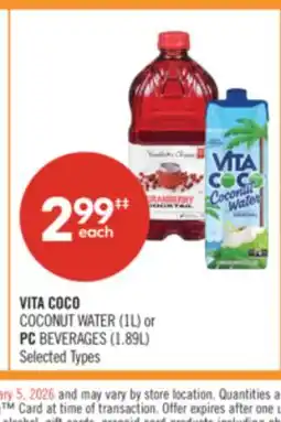 Shoppers Drug Mart VITA COCO COCONUT WATER (1L) or PC BEVERAGES (1.89L) offer