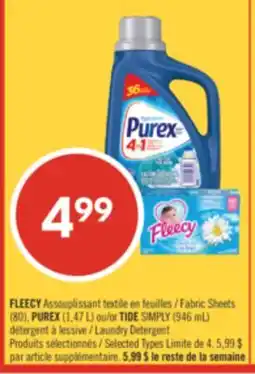 Pharmaprix FLEECY Fabric Sheets (80), PUREX (1,47 L) or TIDE SIMPLY (946 mL) offer