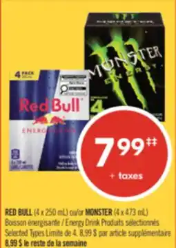Pharmaprix RED BULL (4 x 250 mL) or MONSTER (4 x 473 mL) Energy Drink offer