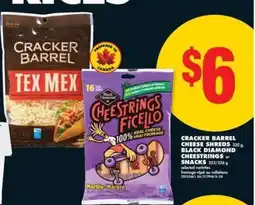 No Frills Cracker Barrel Cheese Shreds / Black Diamond Cheestrings or Snacks offer