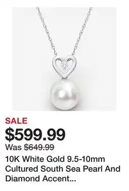 TSC Stores 10K White Gold 9.5-10mm Cultured South Sea Pearl And Diamond Accent Heart Drop Pendant With offer
