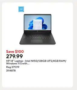 Staples HP 14 Laptop - Intel N150/128GB UFS/4GB RAM/Windows 11 S with 1-year of Microsoft 365 offer
