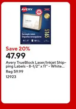 Staples Avery TrueBlock Laser/Inkjet Shipping Labels - 8-1/2 x 11 - White - 100 Pack (5165) offer
