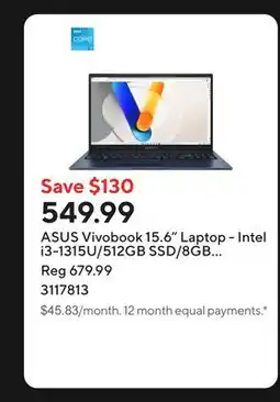 Staples ASUS Vivobook 15.6 Laptop - Intel i3-1315U/512GB SSD/8GB RAM/Windows 11 Home offer