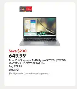 Staples Acer 15.6 Laptop - AMD Ryzen 5 7520U/512GB SSD/16GB RAM/Windows 11 Home offer