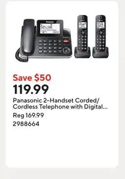 Staples Panasonic 2-Handset Corded/Cordless Telephone with Digital Answering Machine offer