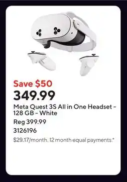 Staples Meta Quest 3S All in One Headset - 128 GB - White offer
