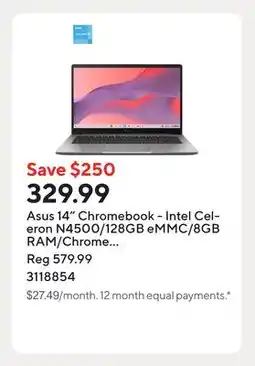 Staples Asus 14 Chromebook - Intel Celeron N4500/128GB eMMC/8GB RAM/Chrome OS with 3 months of Google AI Pro offer