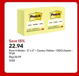 Staples Post-it Notes - 3 x 3 - Canary Yellow - 1200 sheets offer