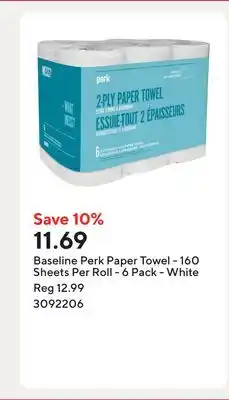 Staples Baseline Perk Paper Towel - 160 Sheets Per Roll - 6 Pack - White offer