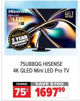 2001 Audio Video 75U88QG HISENSE 4K QLED Mini LED Pro TV 75 offer