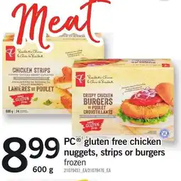 Loblaws PC gluten free chicken nuggets, strips or burgers frozen offer