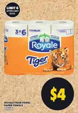 Loblaws ROYALE TIGER TOWEL PAPER TOWELS, 3=6 ROLLS offer