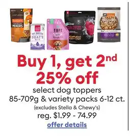 Petsmart Buy 1, get 2nd 25% off select dog toppers 85-709g & variety packs 6-12ct offer
