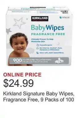 Costco Kirkland Signature Baby Wipes, Fragrance Free, 9 Packs of 100 offer