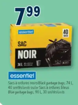 Familiprix ESSENTIEL, Black garbage bags, 74 L, 40 nits or Blue garbage bags, 90 L, 30 units offer