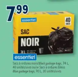Familiprix ESSENTIEL, Black garbage bags, 74 L, 40 units or Blue garbage bags, 90 L, 30 units offer