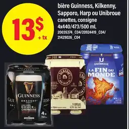 Maxi BIÈRE GUINNESS, KILKENNY, SAPPORO, HARP OU UNIBROUE, 4x440/473/500 mL offer