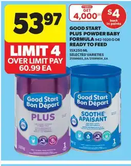 Real Canadian Superstore GOOD START PLUS POWDER BABY FORMULA, 942-1020 G OR READY TO FEED, 15X250 ML offer
