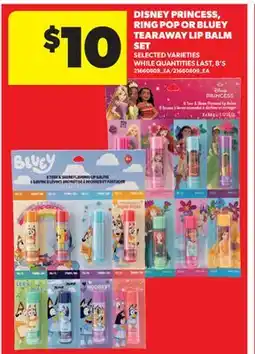 Real Canadian Superstore DISNEY PRINCESS, RING POP OR BLUEY TEARAWAY LIP BALM SET, 8'S offer
