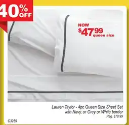Oxford Mills Lauren Taylor - 4pc Queen Size Sheet Set with Navy, or Grey or White border offer