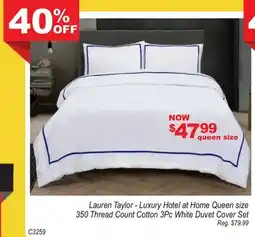 Oxford Mills Lauren Taylor - Luxury Hotel at Home Queen size 350 Thread Count Cotton 3Pc White Duvet Cover Set offer